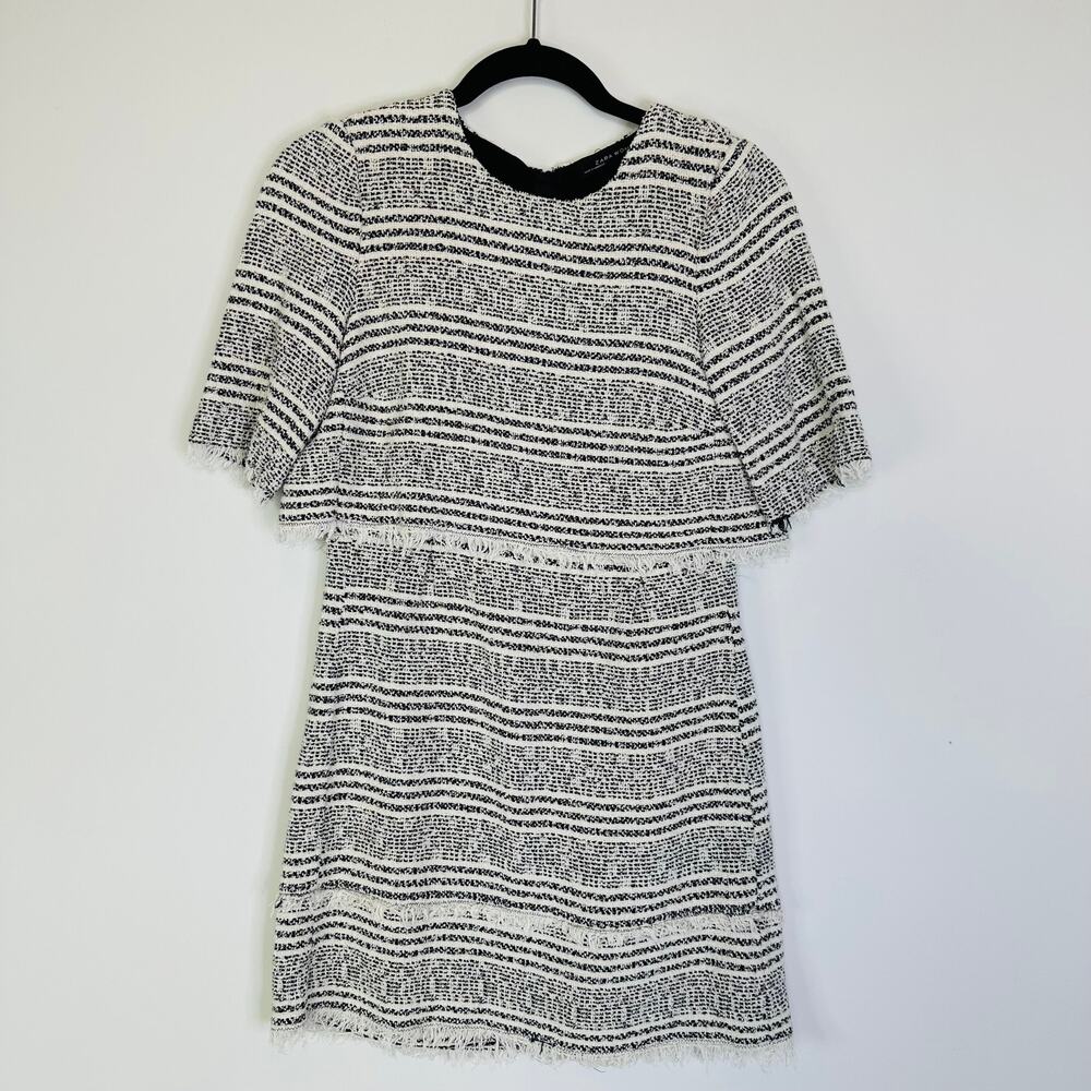 Zara White and Black Striped Fringe Mini Dress
